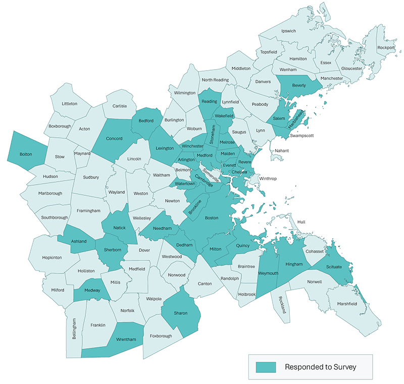 A map of the Boston MPO region highlighting the municipalities that responded to the survey. These include: Ashland, Arlington, Bedford, Beverly, Bolton, Boston, Brookline, Cambridge, Chelsea, Concord, Dedham, Everett, Hingham, Lexington, Malden, Marblehead, Medford, Medway, Melrose, Milton, Natick, Needham, Quincy, Reading, Revere, Salem, Scituate, Sharon, Sherbon, Stoneham, Swampscott, Wakefield, Watertown, Weymouth, Winchester, and Wrentham.